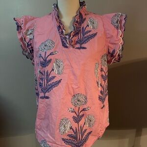 Umgee Pink Floral Scalloped Trim Blouse